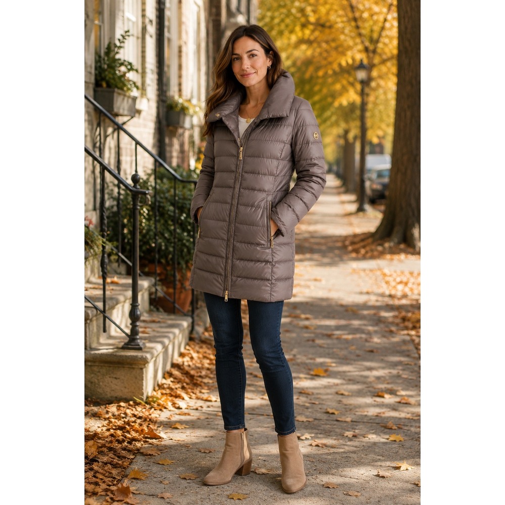 Michael Kors Ultra Light Weight Down Fill Puffer Coat Taupe Brown Small
